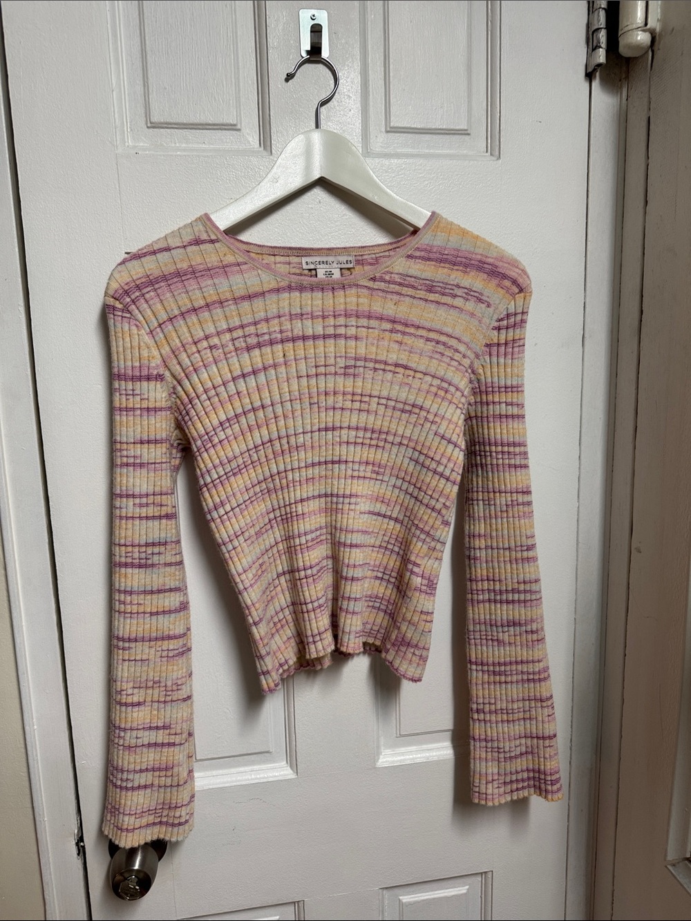 Sincerely Jules Pastel Yellow, Lavender & Pink Striped cropped top Medium